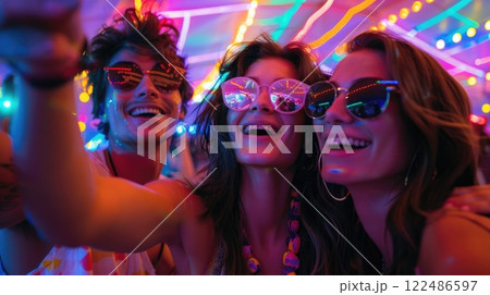 Vibrant Friendship: Friends Capturing Moments at Colorful Music Festival Lights. Vibrant Friendship: Friends Capturing Moments at Colorful Music Festival Lights. 122486597
