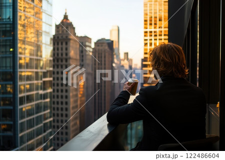 Businessperson Relaxing on Balcony Enjoying Coffee with Urban Skyline at Sunset Businessperson Relaxing on Balcony Enjoying Coffee with Urban Skyline at Sunset 122486604