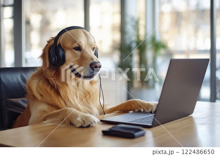 A golden retriever sitting at a sleek office desk wearing a headset and looking at a laptop screen with a paw resting on the keyboard 122486650