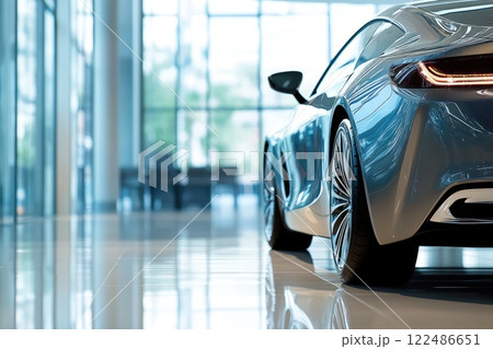 Modern Shiny Car in Showroom with Glowing Headlights, Vehicle in Bright Retail Environment for Promotional Text Space 122486651