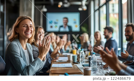 Business Team Applauding Achievement in Bright Meeting Room, Celebrating Success in the Modern Workplace 122486679