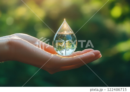 Hand Holding Single Droplet of Water in Soft Natural Light with Blurred Background 122486715
