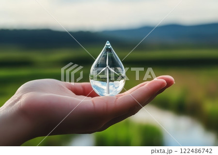 Single Water Droplet Held in Hand Against Nature Background for Environmental Awareness Single Water Droplet Held in Hand Against Nature Background for Environmental Awareness 122486742