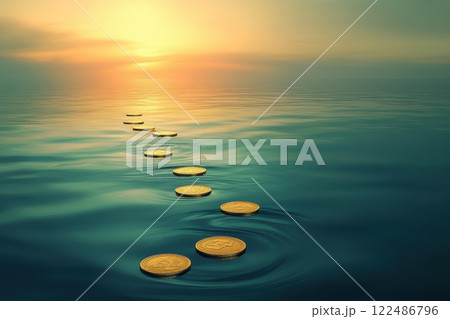 Serene Landscape with Golden Coins Gently Floating on Calm Water at Dawn Serene Landscape with Golden Coins Gently Floating on Calm Water at Dawn 122486796