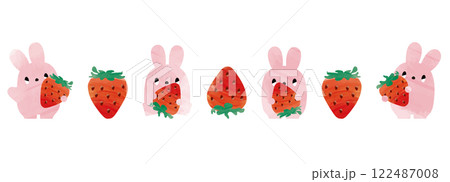 水彩の苺と苺を持ったうさぎセット 122487008