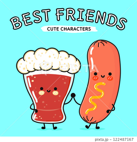 Beer and sausage cartoon friends on light blue background. Vector hand drawn cartoon kawaii characters, illustration icon. Funny cartoon glass of beer and sausage mascot character concept 122487167