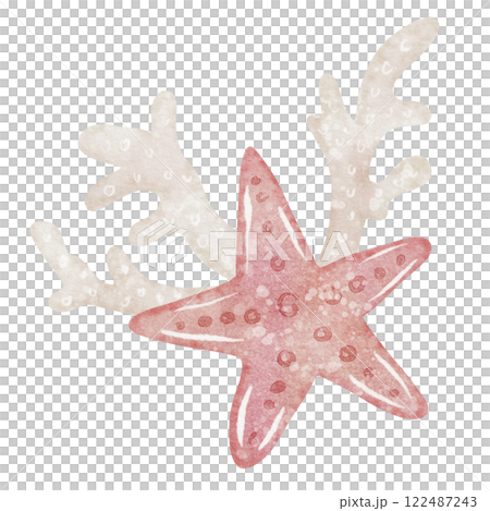 Watercolor illustration of pink Starfish and Coral reefs in a delicate pastel pink and beige colors. Drawing of sea star for kids designs or nursery wall art. Sketch for childish greeting cards. 122487243