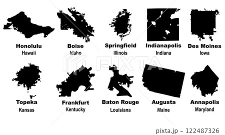 Layered editable vector illustration of map outlines of ten US state capital cities Layered editable vector illustration of map outlines of ten US state capital cities 122487326