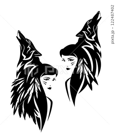 black and white vector portrait of native american shaman woman and howling wolf spirit 122487402