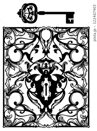 antique skeleton key and keyhole black and white vector decor set 122487403
