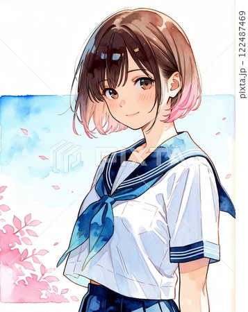 色鉛筆画 人物画 愛らしい女の子の微笑み ショートヘア （光の中