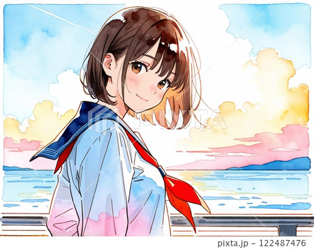 海辺でこちらを振り返るセーラー服の少女の水彩風イラスト 122487476