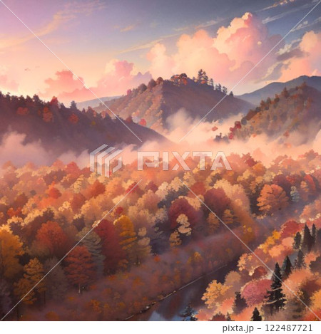 秋の紅葉に染まる山 122487721