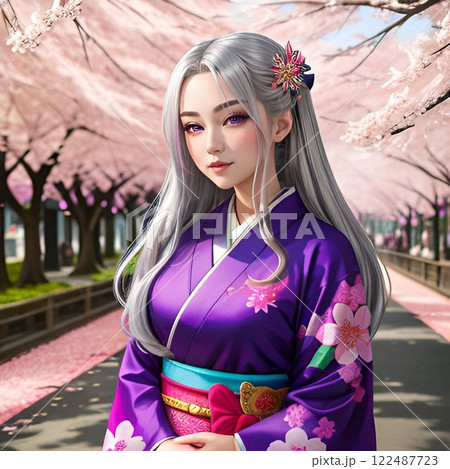 桜と着物姿の銀髪の美少女・AI生成画像 122487723