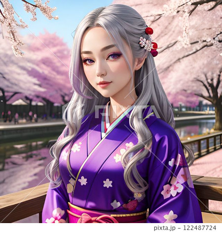 桜と着物姿の銀髪の美少女・AI生成画像 122487724