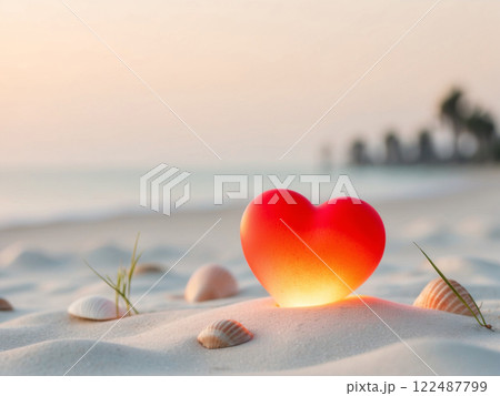 View of a bright vibrant delicate tender red heart softly glowing placed on the sand beach and shell. 122487799