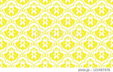 Flower geometric pattern. Seamless vector background. White and yellow ornament. Ornament for fabric, wallpaper, packaging. Decorative print Flower geometric pattern. Seamless vector background. White and yellow ornament. Ornament for fabric, wallpaper, packaging. Decorative print 122487876