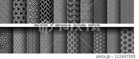 Geometric set of seamless black and gray patterns. Simple vector graphics 122487895