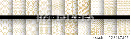 Geometric set of seamless golden and white patterns. Simple vector graphics Geometric set of seamless golden and white patterns. Simple vector graphics 122487898