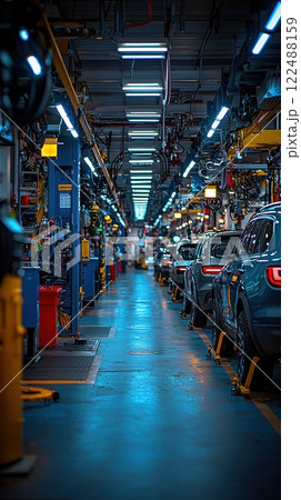Car being serviced in a modern garage with bright blue lighting during late afternoon hours 122488159