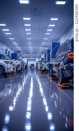 Car being serviced in a modern garage with bright blue lighting during late afternoon hours 122488160