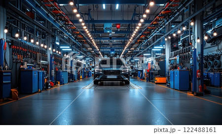 Car being serviced in a modern garage with bright blue lighting during late afternoon hours 122488161