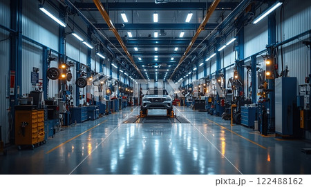 Car being serviced in a modern garage with bright blue lighting during late afternoon hours 122488162