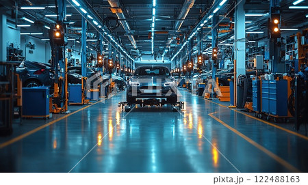 Car being serviced in a modern garage with bright blue lighting during late afternoon hours 122488163