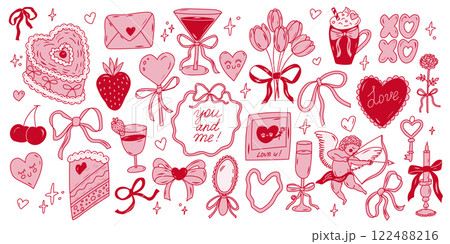 Cute romantic doodles featuring hearts, flowers, and love symbols for celebration of affection 122488216