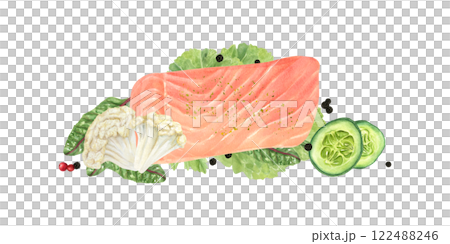 Watercolor salmon fillet with vegetables, black peppers, salad leaves illustration isolated background. Trout fish, cauliflower, cucumber slices hand painting seafood dish for menu, cookbook. Top view 122488246