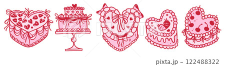 Coquette cakes set. Vintage Pink Cake Collection with Cream Decorations. Heart shaped cake, pink coquette clipart with pink ribbon, Pink Coquette Ribbon Gift for valentine's day. Vector Coquette cakes set. Vintage Pink Cake Collection with Cream Decorations. Heart shaped cake, pink coquette clipart with pink ribbon, Pink Coquette Ribbon Gift for valentine's day. Vector 122488322