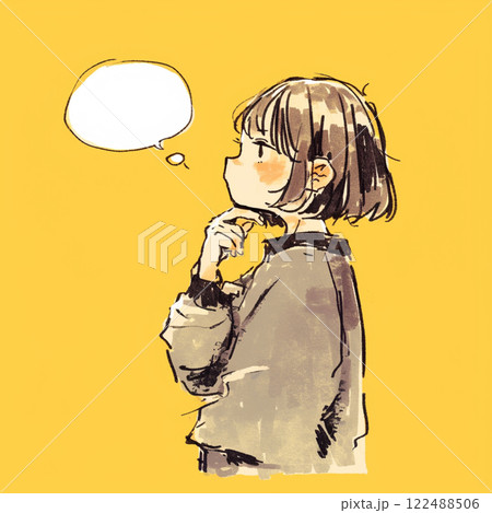 【フキダシ】考える女性と吹き出しの簡単なイラスト 122488506