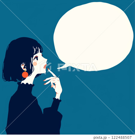 【フキダシ】考える女性と吹き出しの簡単なイラスト 122488507