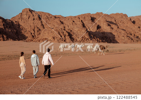 Travelers Exploring the Desert, Watching a Herd of Camels. Saudi Arabia.  122488545