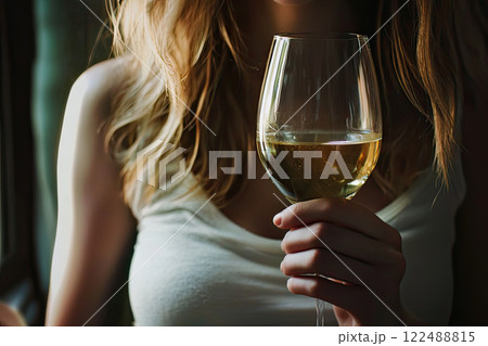 Close up of a woman holding a wine glass 122488815