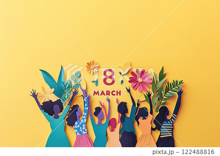 Illustration for March 8th of multi racial women raising their hands. 8 march paper cut on mustard yellow background 122488816