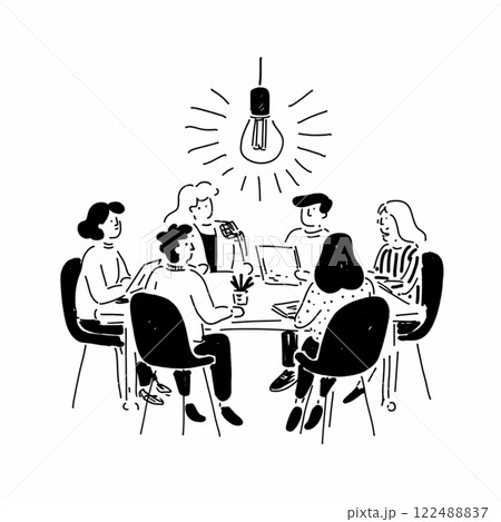 会議をする風景の白黒の簡単なイラスト 122488837