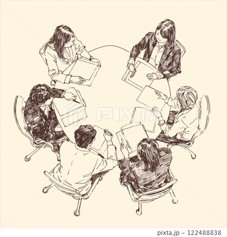 会議をする風景の白黒の簡単なイラスト 122488838