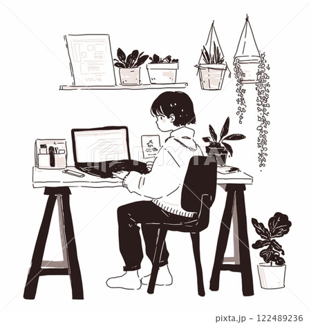 PCの前の男の子の白黒の簡単なイラスト 122489236
