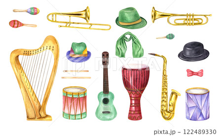 Carnival musical instruments, holiday hats with scarf, bow tie clip art watercolor illustration isolated background. Brasil, Mardi Gras jazz music elements in realistic style for concert poster 122489330
