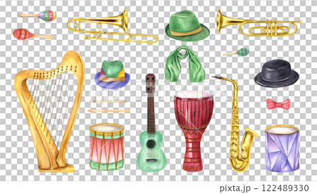 Carnival musical instruments, holiday hats with scarf, bow tie clip art watercolor illustration isolated background. Brasil, Mardi Gras jazz music elements in realistic style for concert poster 122489330