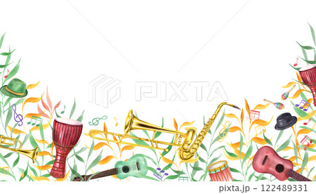 Watercolor carnival musical instruments, musical notes among abstract green orange leaves rectangle frame isolated background. Brazilian, Mardi Gras festival illustration with empty space for text Watercolor carnival musical instruments, musical notes among abstract green orange leaves rectangle frame isolated background. Brazilian, Mardi Gras festival illustration with empty space for text 122489331