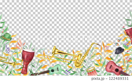 Watercolor carnival musical instruments, musical notes among abstract green orange leaves rectangle frame isolated background. Brazilian, Mardi Gras festival illustration with empty space for text 122489331