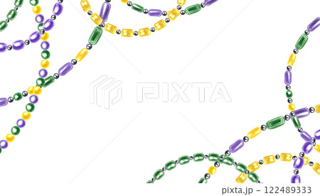 Green, purple, yellow bead strings in colors of Mardi Gras festival watercolor horizontal frame. Glass necklace garland border with copy space for text. Illustration for carnival decor Green, purple, yellow bead strings in colors of Mardi Gras festival watercolor horizontal frame. Glass necklace garland border with copy space for text. Illustration for carnival decor 122489333