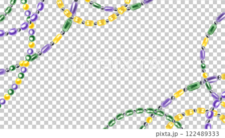 Green, purple, yellow bead strings in colors of Mardi Gras festival watercolor horizontal frame. Glass necklace garland border with copy space for text. Illustration for carnival decor Green, purple, yellow bead strings in colors of Mardi Gras festival watercolor horizontal frame. Glass necklace garland border with copy space for text. Illustration for carnival decor 122489333