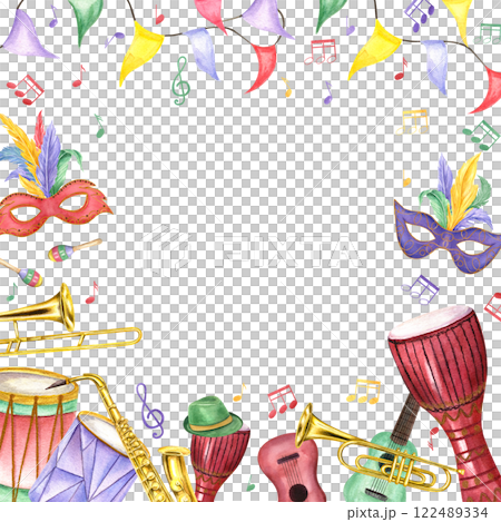 Watercolor Mardi gras carnival accessories, music instruments, musical notes square frame with empty space for text. Festival mask with feathers, ribbons, hats. Holiday illustration for invitation Watercolor Mardi gras carnival accessories, music instruments, musical notes square frame with empty space for text. Festival mask with feathers, ribbons, hats. Holiday illustration for invitation 122489334