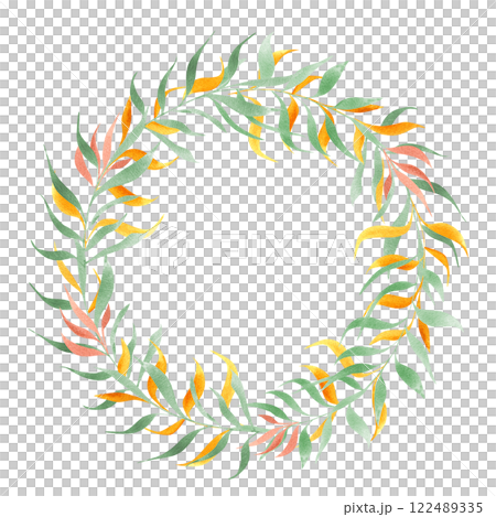 Watercolor green, orange leaf branches wreath isolated background. Abstract holiday foliage illustration with empty space for text. Round floral frame for greeting cards, invitation, kid birthday Watercolor green, orange leaf branches wreath isolated background. Abstract holiday foliage illustration with empty space for text. Round floral frame for greeting cards, invitation, kid birthday 122489335