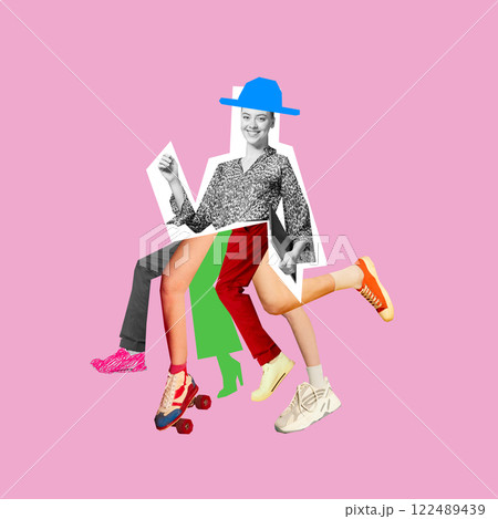 Surreal artwork. Woman in stylish hat and patterned blouse, with a lot of energetic legs, symbolizing leadership, versatility. 122489439