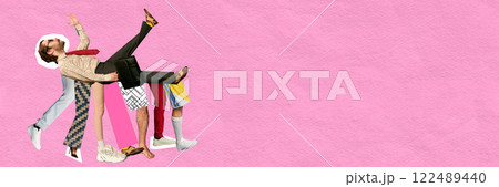 Banner. Surreal artwork. Man in business attire dynamically positioned with multiple legs in motion illustrating leadership and support. 122489440