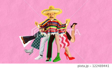Surreal artwork. Man in vibrant poncho and sombrero, surrounded by diverse legs in motion, embodying confident leadership and cultural diversity. Surreal artwork. Man in vibrant poncho and sombrero, surrounded by diverse legs in motion, embodying confident leadership and cultural diversity. 122489441